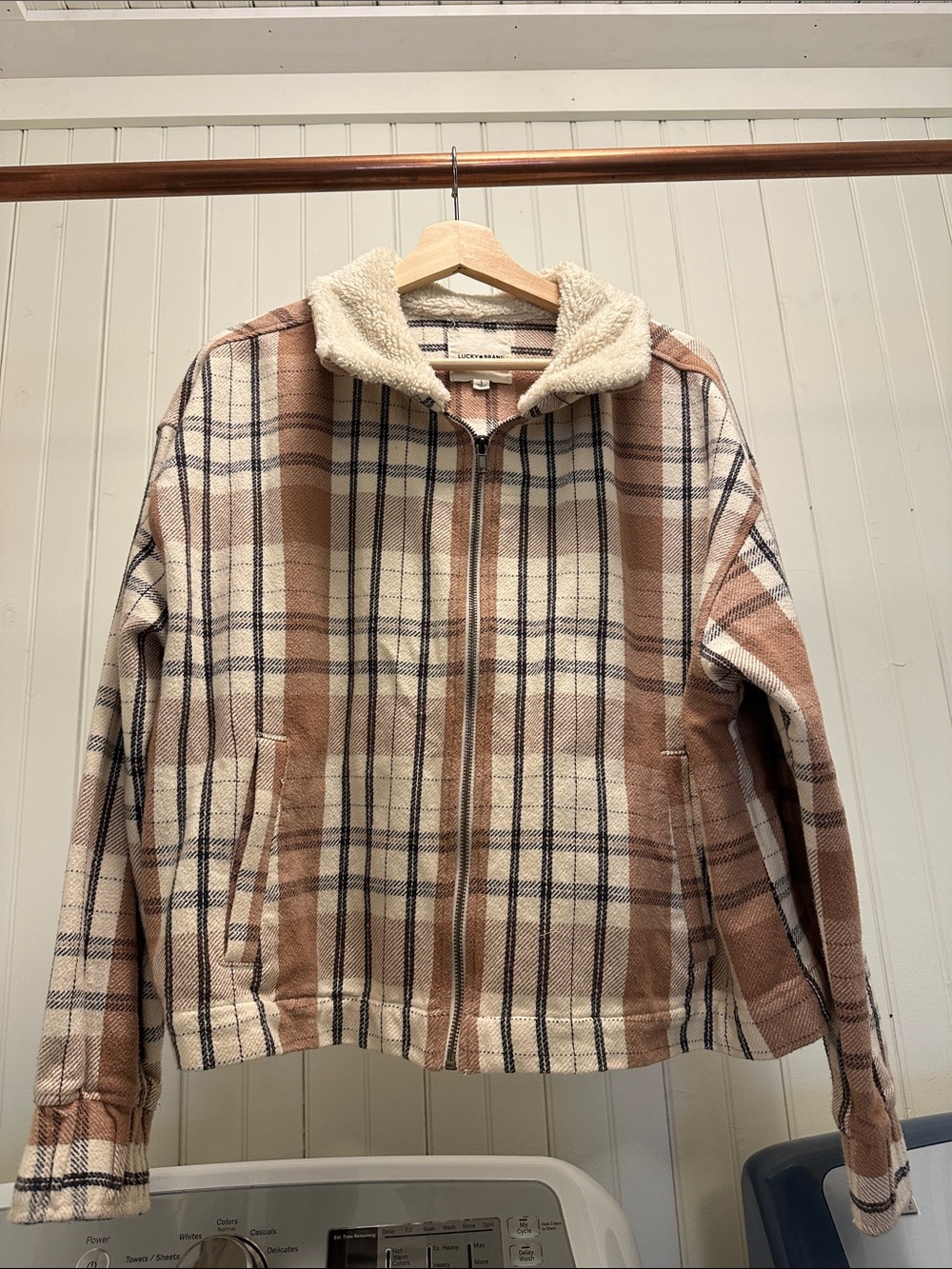 Lucky Brand Sherpa shearling collar plaid cropped jacket